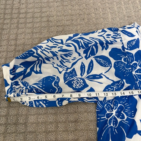 J. Marie Laken Puff Sleeve Tunic Blue White Floral Size Small - Picture 3 of 9